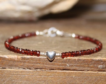 Garnet Heart Bracelet, Garnet Jewelry, January Birthstone, Valentine's Day, Love, Sterling Silver