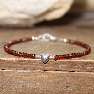 Garnet Heart Bracelet, Garnet Jewelry, January Birthstone, Valentine&#39;s Day, Love, Sterling Silver