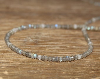 Labradorite and Moonstone Necklace, Long Beaded Labradorite Jewelry, Sterling Silver or Gold Filled, Minimalist, Beaded, Layering Necklace