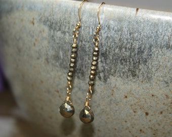 Pyrite Earrings, Wire Wrap, Pyrite Gemstone Jewelry, Fools Gold, Gold or Silver