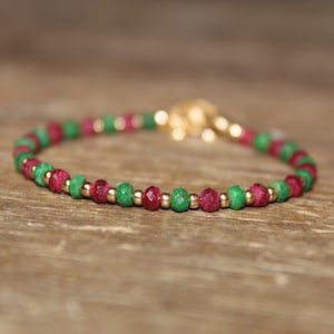 Ruby and Emerald Bracelet, Gold Filled Beads, Ruby Jewelry, July, May Birthstone, Stacking, Gemstone Jewelry,
