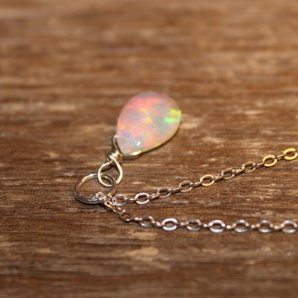 Opal Necklace, Wire Wrap Stone Gold Filled, Ethiopian Opal Jewelry, October Birthstone, Minimalist, Gemstone Necklace