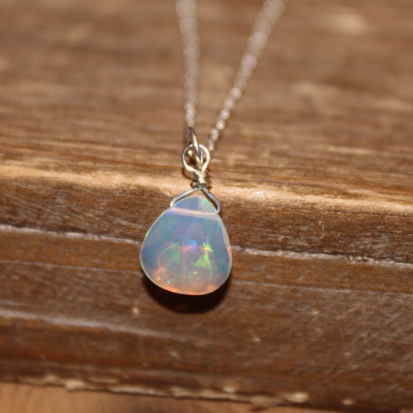 Opal Necklace, Wire Wrap Stone Gold Filled, Ethiopian Opal Jewelry, October Birthstone, Minimalist, Gemstone Necklace