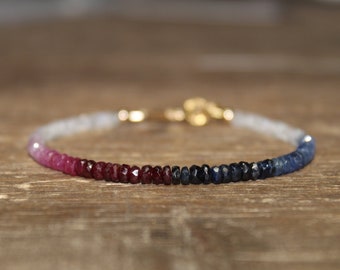 Ruby and Blue Sapphire Ombre Bracelet, Moonstone, Ruby Jewelry, July September Birthstone. Gemstone Bracelet