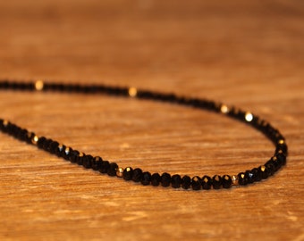 Black Spinel Necklace, Gold Filled Beads, Black Spinel Jewelry, Sterling Silver, Minimalist, Beaded, Layering Necklace