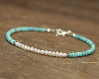 Sleeping Beauty Turquoise and Freshwater Pearl Bracelet, Silver or Gold Beads, Beaded, Sapphire Jewelry, June and December Birthstone