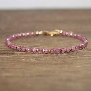 Pink Sapphire Bracelet, Gold Filled, Sterling Silver or Rose Gold Beads, Pink Sapphire Jewelry, September Birthstone, Stacking, Beaded Gifts