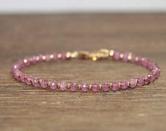 Pink Sapphire Bracelet, Gold Filled, Sterling Silver or Rose Gold Beads, Pink Sapphire Jewelry, September Birthstone, Stacking, Beaded Gifts