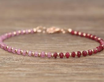 Ruby & Pink Sapphire Bracelet, Rose Gold Filled Beads, Pink Sapphire Jewelry, September and July Birthstone, Valentine's Day, Gifts