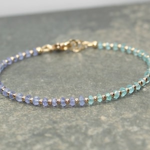 Pulsera de tanzanita y apatita, joyería de apatita, para combinar en capas, con cuentas, cuentas de oro laminado o plata de ley.