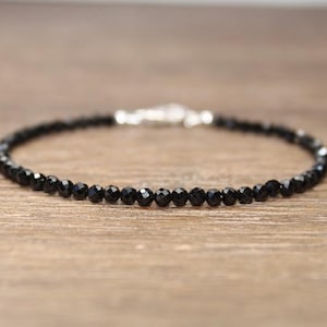 Black Spinel Bracelet, Round Faceted Beads, Black Spinel Jewelry, Sterling Silver, Minimalist, Layering Bracelet
