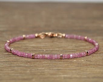 Pink Sapphire Bracelet, Rose Gold Beads, Pink Sapphire Jewelry, Gemstone Bracelet, Layering, Stacking, September Birthstone, Gifts