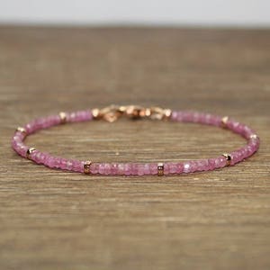 Pink Sapphire Bracelet, Rose Gold Beads, Pink Sapphire Jewelry, Gemstone Bracelet, Layering, Stacking, September Birthstone, Gifts