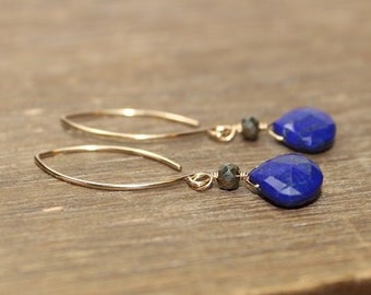 Lapis and Pyrite Earrings, Wire Wrap, Blue Gemstone Jewelry, Lazuli, Fools Gold, Gold or Silver