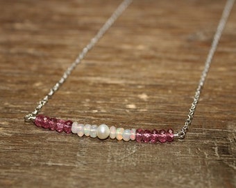 Pink Tourmaline, Opal and Pearl Necklace, Bar Necklace, Pink Tourmaline Jewelry, October and June Birthstone Gemstone Jewelry