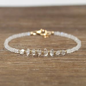 Rainbow Moonstone & Herkimer Diamond Bracelet, Beaded Quartz Crystal Jewelry, Monstone Bracelet, Herkimer Diamond Jewelry, April Birthstone
