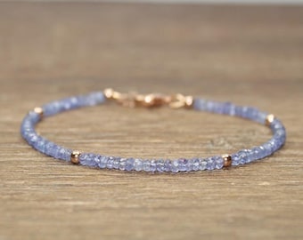 Tanzanite Bracelet, Rose Gold Beads, Tanzanite Jewelry, Gemstone Bracelet, Stacking, December Birthstone, Gifts