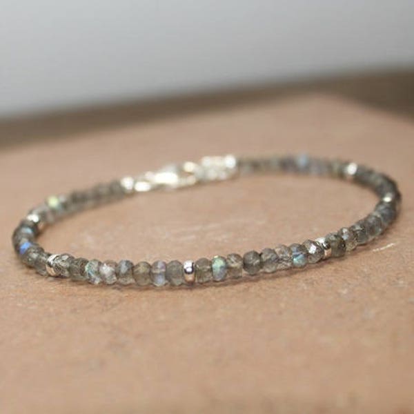 Labradorite Bracelet, Sterling Silver, Rose Gold or Gold Filled Beads, Labradorite Jewelry, Blue Flash, Gemstone Jewelry