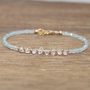 Aquamarine & Herkimer Diamond Bracelet, Beaded Quartz Crystal Jewelry, Aquamarine Bracelet, Herkimer Diamond Jewelry, March Birthstone
