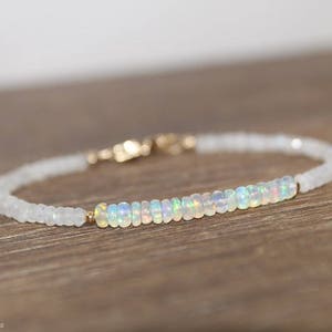 Ethiopian Opal and Moonstone Bracelet, Welo Opal, October Birthstone, Moonstone Jewelry, Gemstone Jewelry, Gold or Silver