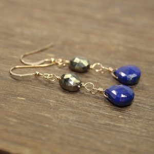 Lapis and Pyrite Earrings, Wire Wrap, Blue Gemstone Jewelry, Lazuli, Fools Gold, Gold or Silver