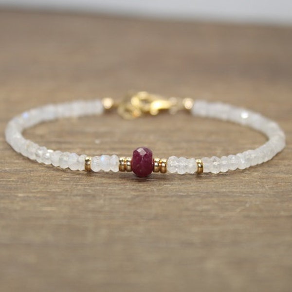 Ruby and Moonstone Bracelet, Ruby Jewelry, September Birthstone, Gemstone Bracelet, Gold or Silver Beads