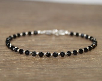 Black Spinel Bracelet, Black Spinel Jewelry, Sterling Silver, Minimalist, Layering Bracelet, Silver, Gold or Rose Gold Beads