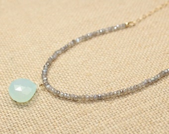 Aqua Chalcedony and Mystic Labradorite Necklace, Labradorite Jewelry, Aqua Chalcedony Pendant Jewelry, Beaded Gemstone Necklace