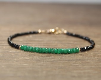 Emerald and Black Spinel Bracelet, Emerald Jewelry, Beaded Bracelet, May Birthstone. Gemstone Bracelet, Silver or Gold Beads