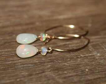 Genuine Fire Ethiopian Opal Earrings, Ethiopian Opal Jewelry, Welo Opal, Dangle Cluster Earrings, October Birthstone, Silver or Gold