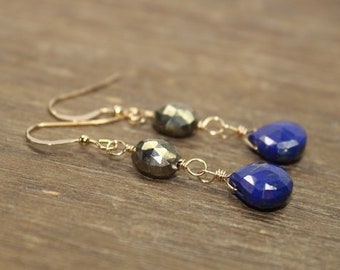 Lapis and Pyrite Earrings, Wire Wrap, Blue Gemstone Jewelry, Lazuli, Fools Gold, Gold or Silver