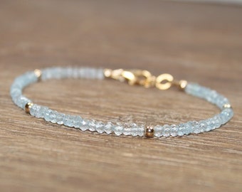 Pulsera de aguamarina, cuentas de oro laminado o plata de ley, piedra natal de marzo, joyería de aguamarina, pulsera de piedras preciosas