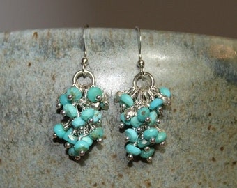 Sleeping Beauty Turquoise Earrings, Turquoise Jewelry, Dangle Cluster Earrings, December Birthstone, Sterling Silver & Gold