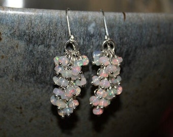 Genuine Ethiopian Opal Earrings, Ethiopian Opal Jewelry, Welo Opal, Dangle Cluster Earrings, October Birthstone, Sterling Silver & Gold