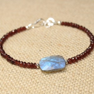 Labradorite and Garnet Bracelet, Garnet Jewelry, January Birthstone, Layering, Gemstone Jewelry