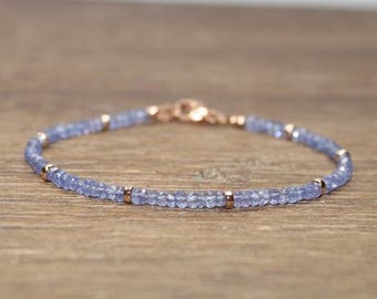 Tanzanite Bracelet, Rose Gold Beads, Tanzanite Jewelry, Gemstone Bracelet, Layering, Stacking, December Birthstone, Gifts