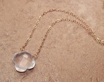 Rose Quartz Quatrefoil Necklace, Clover, Rose Gold Filled Chain, Rose Quartz Jewelry, Pink Gemstone Necklace