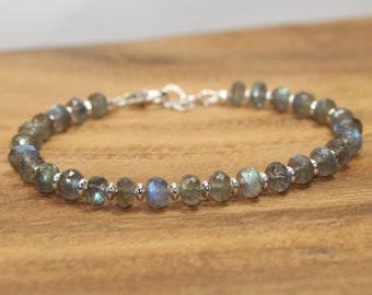 Pulsera de labradorita, joyería de labradorita, cuentas de plata esterlina o chapadas en oro, superposición de capas, joyería con piedras preciosas