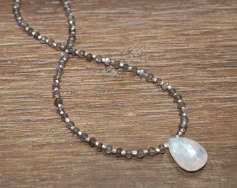 Rainbow Moonstone and Labradorite Necklace, Hill Tribe Beads, Labradorite Jewelry, Gemstone Necklace, Gifts for her