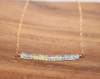 Welo Opal Bar Necklace, Welo Ethiopian Opal Jewelry, October Birthstone, Minimalist, Gemstone Necklace
