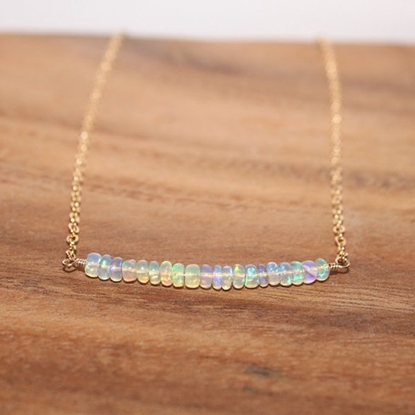 Welo Opal Bar Necklace, Welo Ethiopian Opal Jewelry, October Birthstone, Minimalist, Gemstone Necklace