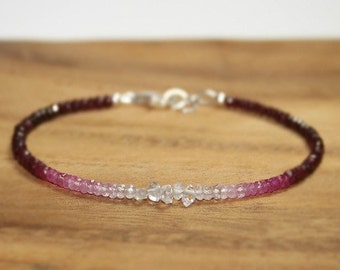 Ruby, Pink Sapphire & Herkimer Diamond Bracelet, Ruby Jewelry, July Birthstone, Ombre, Gemstone Bracelet