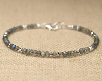 Labradorite Bracelet, Labradorite Jewelry, Sterling Silver, Blue Flash, Beaded, Layering Bracelet, Gemstone Jewelry