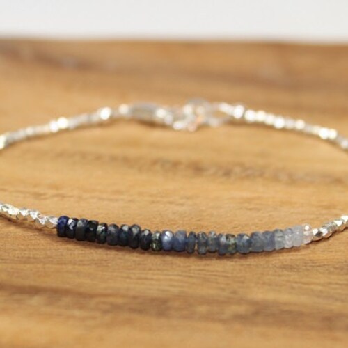 Store Blue Sapphire Ombre Bracelet, Hill Tribe Beads, Fine Silver, Blue Sapphire Jewelry, September Birthstone. Gemstone Bracelet