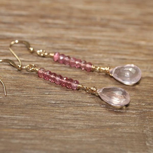 Rose Quartz and Pink Tourmaline Earrings, Rose Quartz Jewelry, Gemstone Jewelry, Pink, Silver or Gold, October Birthstone