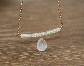 Ethiopische opaal- en maansteenketting, staafketting, Ethiopische opaalsieraden, edelsteensieraden, geboortesteen oktober, zilver, goud of roségoud
