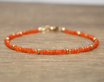 Pulsera Carnelian, Relleno de oro, Plata de ley o cuentas de oro rosa, Joyería Carnelian, Naranja, Apilamiento, Joyería de piedras preciosas, Regalos para ella