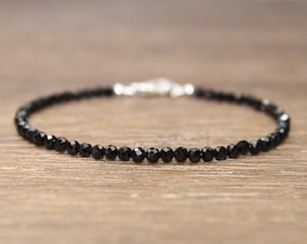 Black Spinel Bracelet, Round Faceted Beads, Black Spinel Jewelry, Sterling Silver, Minimalist, Layering Bracelet