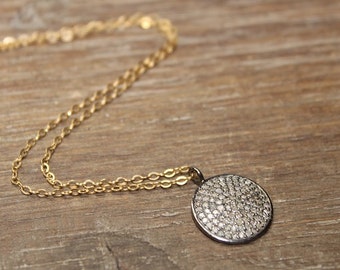 Pave Diamond Sterling Silver Disc Necklace, Mixed Metals, Gold Filled, Rose Gold Filled, Oxidized Sterling Silver, Genuine Diamonds,