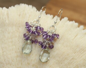 Green Amethyst Earrings, Pink Amethyst Cluster, Sterling Silver or Gold Filled, Green Amethyst Jewelry, Purple Gemstone Jewelry